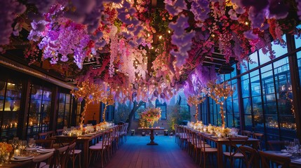 A beautiful wedding reception hall is decorated with hanging flowers and lights. The long tables are set with white tablecloths and gold chairs. - obrazy, fototapety, plakaty