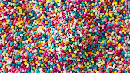 Fototapeta na wymiar Colorful sprinkles background. Sweet sugar coated balls. Festive decoration for cakes, cupcakes, ice cream. Close up, top view.