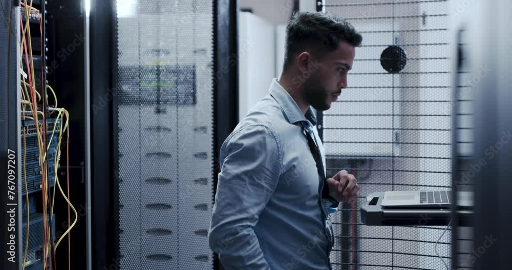 Aufkleber Man, phone call and data center for programming, coding and backup of hardware, system or software on a laptop. Technician talking on mobile for engineering and information technology in server room