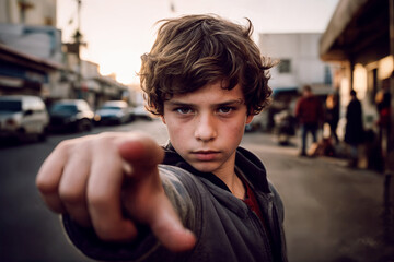 10years old boy pointing his finger at the camera in an accusation gesture with his hand palm. Concept of protest. Protest against abuse, violation. - obrazy, fototapety, plakaty