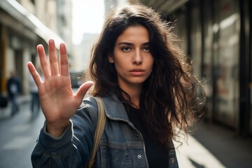 Young woman showing a stop gesture with her hand palm. Concept of protest against abuse, violation, injustice. - obrazy, fototapety, plakaty