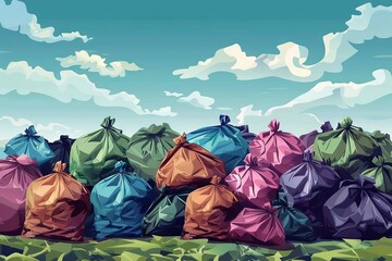 Pile of Plastic Garbage Bags, Environmental Pollution and Waste Concept Illustration