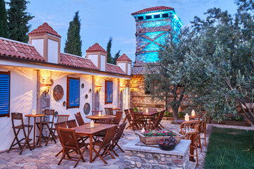 Modern stone house and decorative outside concept, night style.