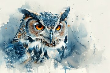 An owl, forest, and watercolor illustration on a white background