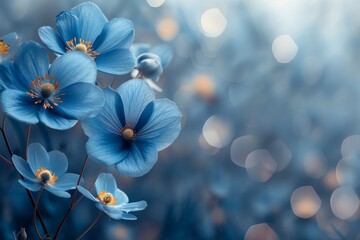 On a watercolor background, blue flowers bloom
