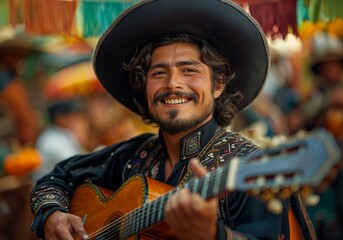 Mariachi playing guitar portrait, Young latin man in a Mexican fiesta