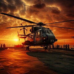 Military helicopter on warship board at sunset