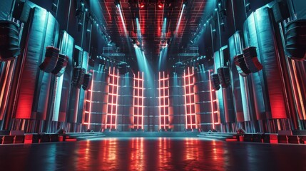 Concert stage concept with sound and colored spotlights AI generated image - obrazy, fototapety, plakaty