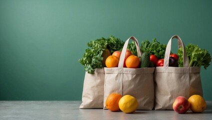 Reusable bags with fresh fruits and vegetables isolated on green background, eco-friendly, space...