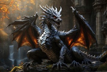 Dark fantastic dragon in ancient fantasy world