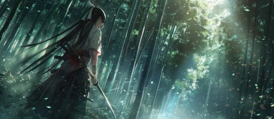 A traditional samurai asian woman with bamboo forest background AI generated image