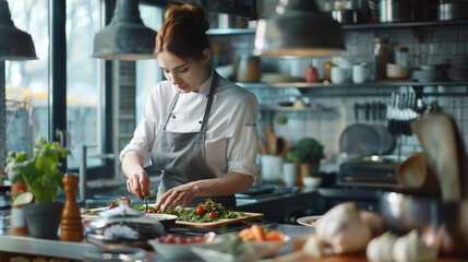 Portrait of woman at work as chef in the kitchen