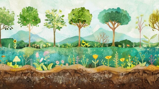 Landscape Painting With Trees and Flowers