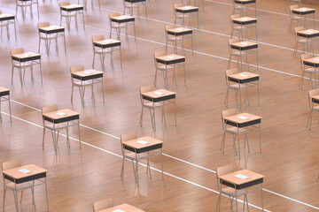 Spacious Examination Hall Awaiting Students: Rows of Desks & Empty Chairs