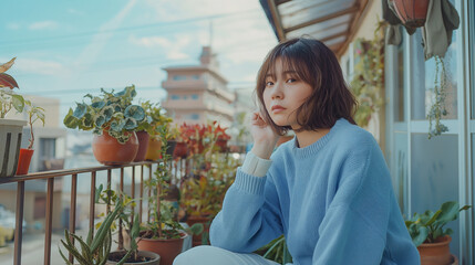 Mulher japonesa vestindo um sueter azul claro na varanda de sua casa cheia de plantas  - obrazy, fototapety, plakaty