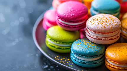 Fototapeta na wymiar Close-up photo of colorful macarons, French almond cookies, tender and delicious dessert