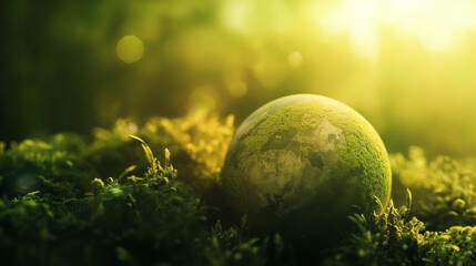 Esfera verde de planeta terra na natureza - Conceito dia da terra - obrazy, fototapety, plakaty