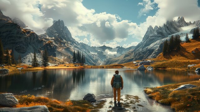 Man Standing in Front of Mountain Lake