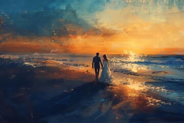 Romantic Newlywed Couple Walking Along a Dreamy Beach at Sunset, Digital Painting - obrazy, fototapety, plakaty