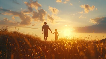 Fototapeta premium Father and son walking enjoying the sunset view AI generated image