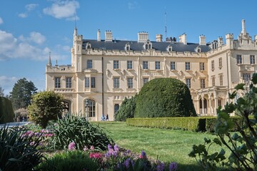 Colorful hyacinths blooming in the spring castle garden. Castle Lednice, Czech republic
