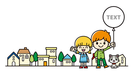 Obraz na płótnie Canvas Clip art of children holding balloons with smiles in the street