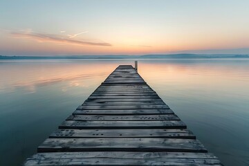 Rustic Wooden Pier Extending into Calm Lake at Sunset, Peaceful Landscape Photography - obrazy, fototapety, plakaty