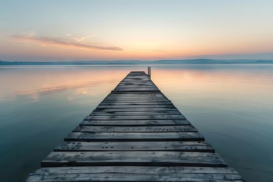 Rustic Wooden Pier Extending into Calm Lake at Sunset, Peaceful Landscape Photography