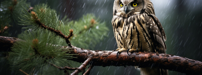 great horned owl perched on branch - obrazy, fototapety, plakaty