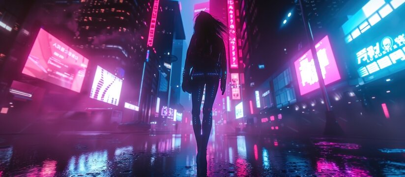Girl character stands mysteriously in the middle of a neon cyberpunk city AI generated image