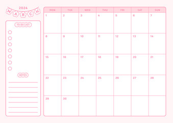 This is an illustration of a cute pink design calendar template with a spring concept for April 2024. Notes, scheduler, diary, calendar, memo, planner document template background.