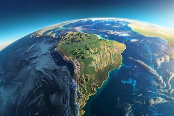 Satellite view of South America with Amazon rainforest and Andes mountains, 3D illustration - obrazy, fototapety, plakaty