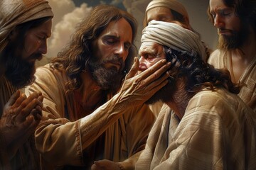 Portrait of Jesus healing the blind man in jerusalem: capturing the compassionate miracle of sight restoration, depicting a profound moment of faith and divine intervention in biblical narrative - obrazy, fototapety, plakaty