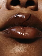 Fototapeta premium close up of lips, front view portrait, navel and collarbone, a woman's mouth closeup, skin texture, natural light