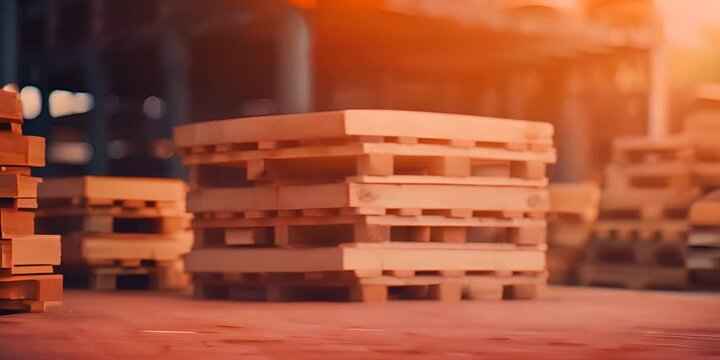 Stack of wooden pallet. Industrial wood pallet at factory warehouse. Cargo and shipping. Sustainability of supply chains. Eco-friendly and sustainable properties 4K Video