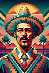 Poster latin mexican man for festival cinco de mayo. Mexico background. Cultural illustration featuring stylized man in traditional attire, sombrero, poncho, tropical backdrop with sunset, palm trees