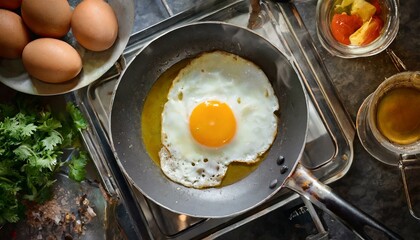 fried eggs in a frying pan - obrazy, fototapety, plakaty