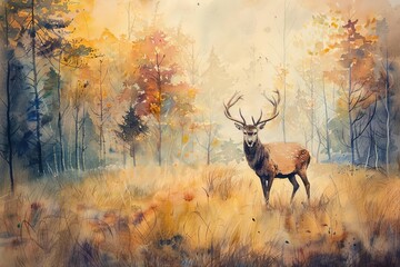 Serene Landscape with Majestic Deer in a Tranquil Forest, Watercolor Painting