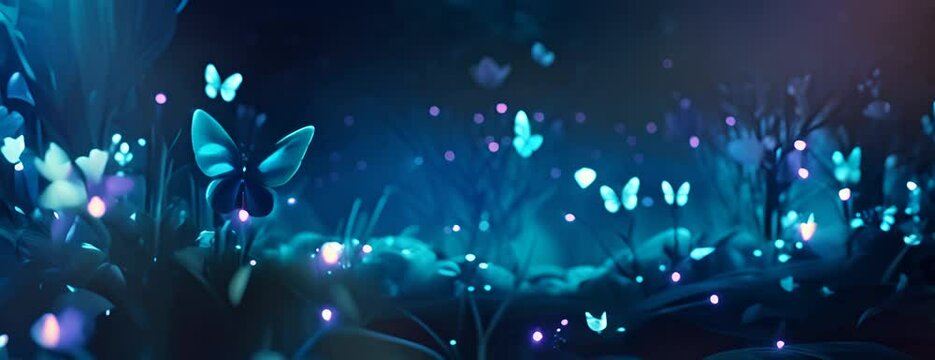 Dreamy iridescent blue flowers. Bioluminescent garden and butterflies. Abstract floral background wallpaper 4K Video