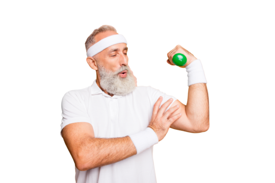 Cheerful excited mature modern macho goofy cool pensioner grandpa practising bodybuilding, exercising holding equipment up, lifts it with strength and power. Body care, hobby, weight loss lifestyle