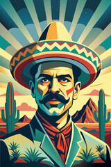 Poster latin mexican man for festival cinco de mayo. Mexico background. Cultural illustration featuring stylized man in traditional attire, sombrero, poncho, tropical backdrop with sunset, palm trees
