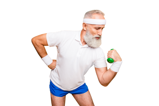 Body care, hobby, weight loss lifestyle. Cool grandpa with confident grimace exercising holding equipment up, lifts it with strength and power, wearing blue sexy shorts, show legs