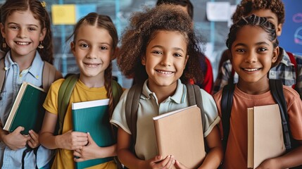 Happy young university students studying with books in library. Portrait group of multiracial people in college library. smiling diverse school children standing posing in classroom holding notebooks