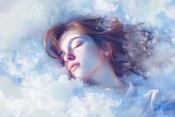 Serene woman peacefully sleeping on fluffy white cloud, dreamy digital painting - obrazy, fototapety, plakaty