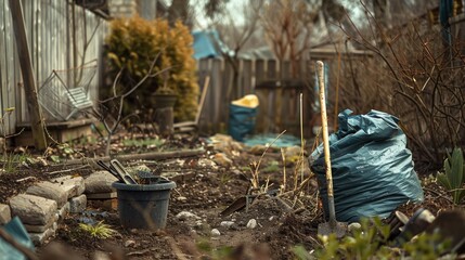 Overgrown backyard with gardening tools and plants, depicting outdoor activity and nature care.