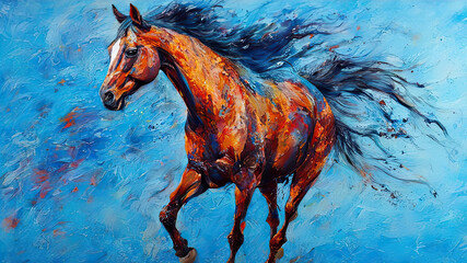 oil painting of a beautiful brown stallion galloping on a blue background. a powerful running horse is drawn with large strokes