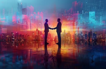 Two Men Shaking Hands in Front of Cityscape