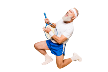 Sexy emotional cool pensioner grandpa practising rock music on a  sport equipment, stands on one knee, yell and shout. Body care, hobby, weight loss, lifestyle, strength and power, health