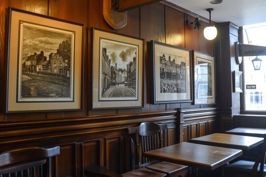framed pictures of historic dublin on the pubs wall