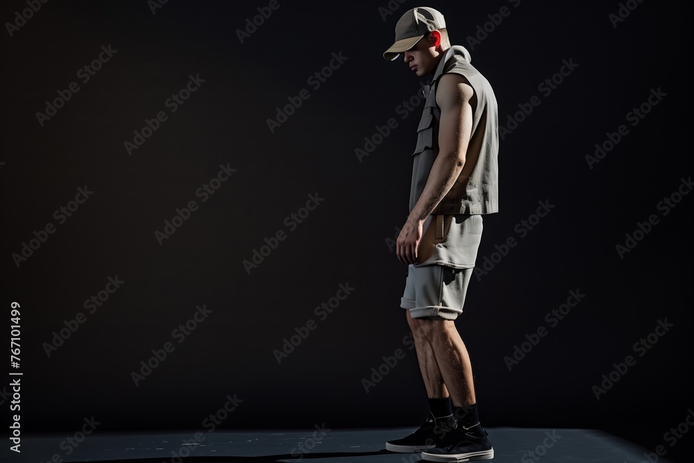 Wall mural man dressed in sporty cap, sleeveless shirt, jogger shorts, trainers - Wall murals